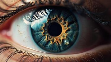 ai generado extremo de cerca imagen de un humano ojo. macro fotografía con el concepto de sano visión, ojo tratamiento educación, y futurista profesional foto dispara