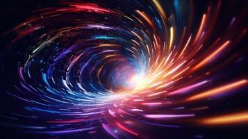 AI generated Colorful light whirls surreal space wormhole. photo