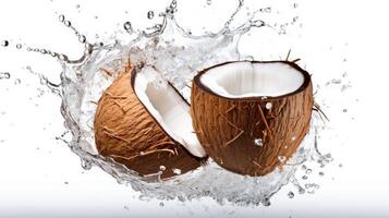 AI generated Fresh brown color half cut coconut fruit with water splashes, isolated on white background. photo