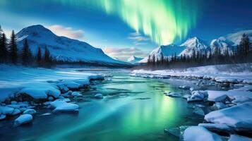 AI generated Northern Lights Majestic Aurora Borealis Over Icebergs, Snow Mountains, and Lakes in Polar Regions. photo