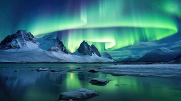 AI generated Northern Lights Majestic Aurora Borealis Over Icebergs, Snow Mountains, and Lakes in Polar Regions. photo