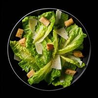 AI generated Classic Caesar Salad with crisp homemade croutons and a light caesar dressing. Shredded or shaved parmesan cheese. Best dish for impress dinner guests. photo