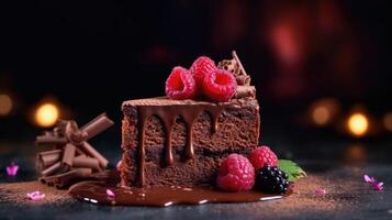 AI generated Closeup of a slice of tasty chocolate cake with berries decorated with melted cream isolated on a beautiful studio background with blurry candlelight. photo