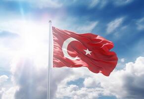 ai generado ondulación turco bandera en contra el antecedentes de el azul cielo. foto