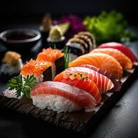 AI generated Various kinds of traditional Japanese sushi, maki served on black stone isolated on dark background. photo