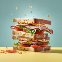 AI generated Delicious double sandwich with tomatoes, cheese slices, meat and fresh lettuce isolated on colorful background. Closeup studio shot photography, Side view. photo