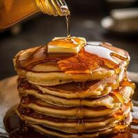 AI generated Pouring the maple syrup over the big stack of pancakes from the syrup bottle. Closeup of delicious pancake with butter, food photography isolated on blurred background. photo