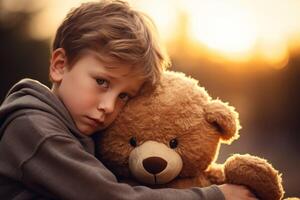 AI generated a young boy is hugging a teddy bear photo