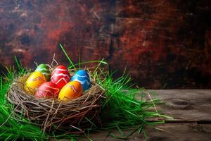 AI generated Colorful painted happy easter eggs in birds nest basket on rustic wooden photo