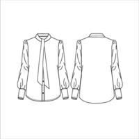 women shirt blouse with bowtie neck flat sketch fashion illustration with front and back vector