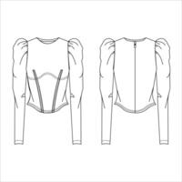 Flat technical drawing template corset blouse with balloon Long sleeves vector