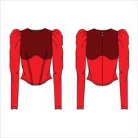 Flat technical drawing template corset blouse with balloon Long sleeves vector