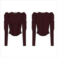 Flat technical drawing template corset blouse with balloon Long sleeves vector