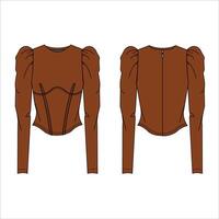 Flat technical drawing template corset blouse with balloon Long sleeves vector