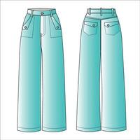 alto cintura mezclilla amplio pierna pantalones con detallado bolsillos diseño. plano técnico dibujo modelo. mezclilla pantalones técnico Moda ilustración, frente y espalda vista, blanco vector