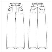 alto cintura mezclilla amplio pierna pantalones con detallado bolsillos diseño. plano técnico dibujo modelo. mezclilla pantalones técnico Moda ilustración, frente y espalda vista, blanco vector