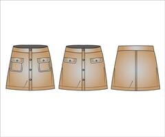 Mini Skirt technical fashion illustration. Button down Skirt fashion flat technical drawing template, mini length, pockets, A-line, front button, front and back view vector
