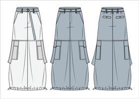 Cargo Long Skirt technical fashion illustration A-Line Skirt fashion flat technical drawing template pockets drawstring hem front and back view white grey women Skirts vector