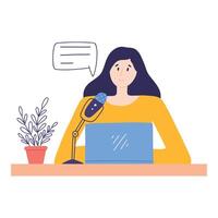 Podcast concept. A woman is a podcaster or radio presenter. Vector illustration. A woman sits at a laptop and microphone.