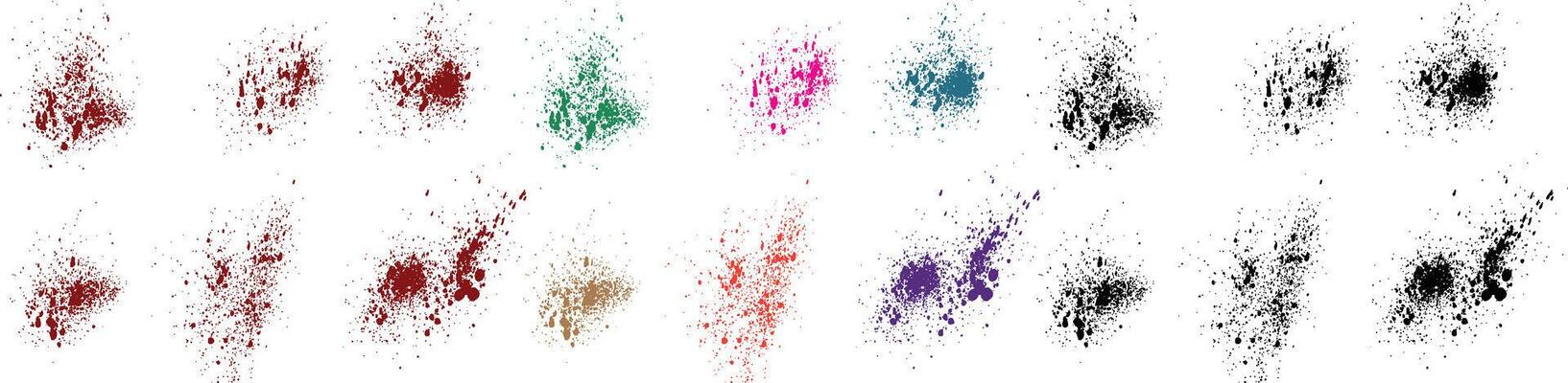 Set of bleed paint green, pink, purple, red, black, blue color grunge vector brush stroke splatter background