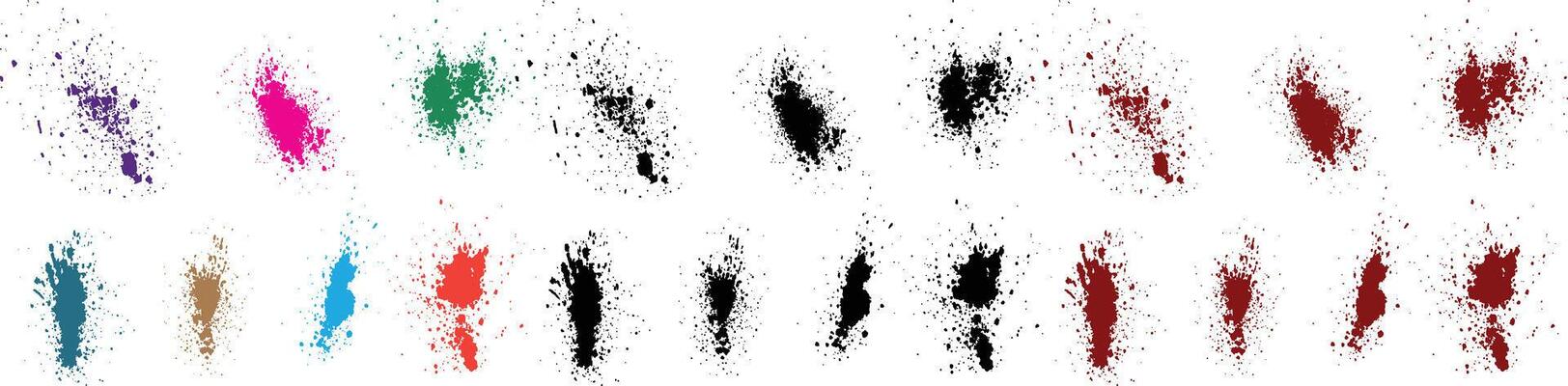 Ink blood vector brushstroke black, green, red, purple, blue, pink color grunge blots background set