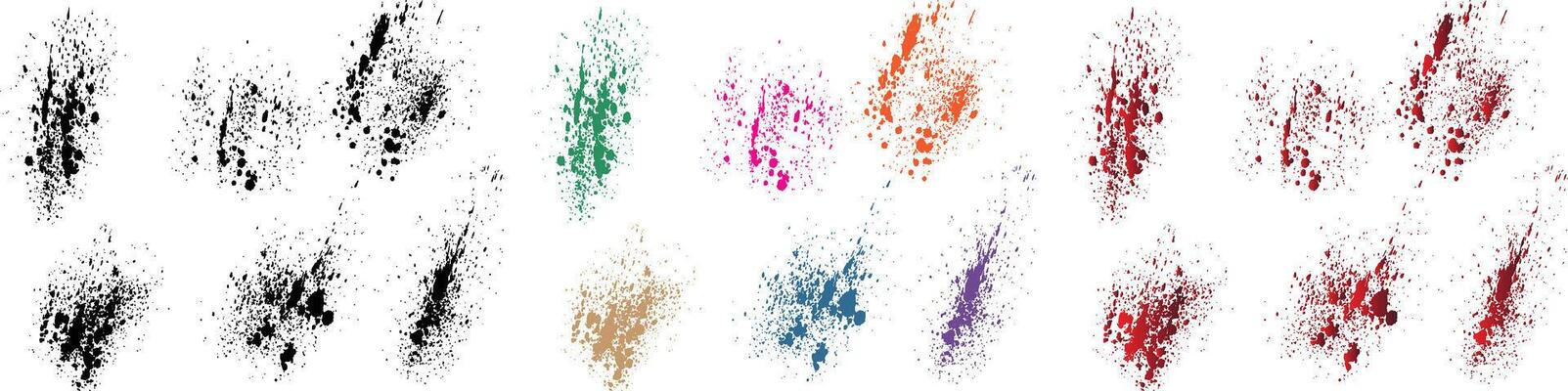 Collection of different orange, purple, red, wheat, black, green color blood splatter splash brush stroke background
