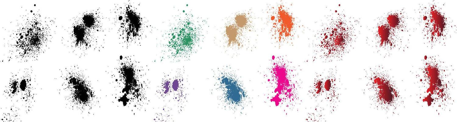 Set of hand-drawn grunge dripping orange, purple, red, wheat, black, green color blood splash paintbrush line background