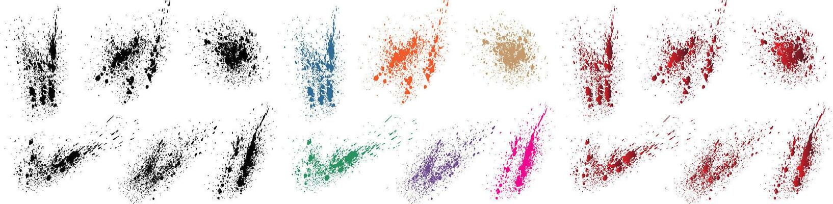 Set of hand-drawn creative black, red, orange, purple, wheat, green color splatter shape brush vector illustration