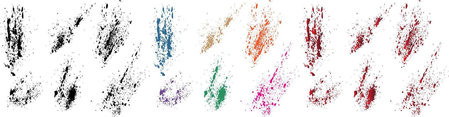 Grunge black, red, orange, purple, wheat, green color ink blood element splatter brush banner background set