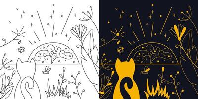 Mystical landscape with flowers and a cat. Two-color and black and white outline vector illustration.
