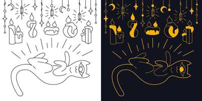 Mystical cute cat with candles. Two-color and black and white outline vector illustration.