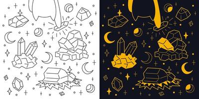 Mystical set of different stones. Two-color and black and white outline vector illustration.