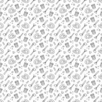 Seamless pattern with palette, can of paint, brush. Doodle outline vector illustration.