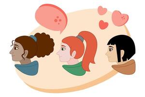 Horizontal card with three girls of different races and speech bubble. Color vector illustration.