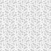 Seamless pattern with can of paint, paint stroke, brush, heart. Doodle outline vector illustration.