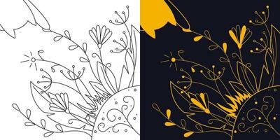 Mystical composition of different flowers and a cat. Two-color and black and white outline vector illustration.