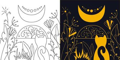 Mystical landscape with a crescent moon, flowers and a cat. Two-color and black and white outline vector illustration.