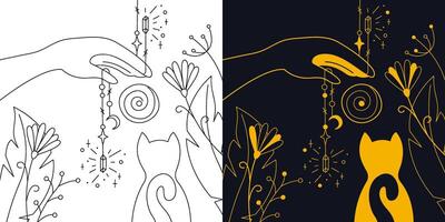 Mystical composition with ritual and cat. Two-color and black and white outline vector illustration.