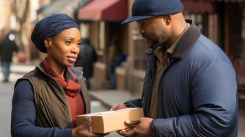 AI generated Woman happily accepting a delivery of multiple boxes from a friendly deliveryman at her doorstep photo