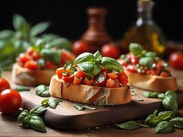 AI generated Bruschetta with tomatoes and basil photo