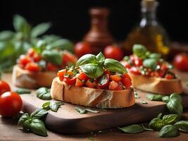 AI generated Bruschetta with tomatoes and basil photo