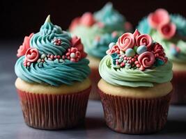 AI generated Sweet cupcakes dessert with frosting photo