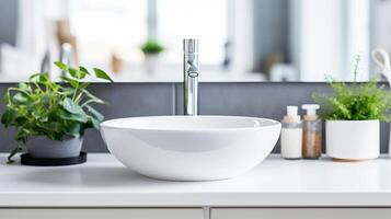 AI generated Minimalist bathroom with white square vessel sink and chrome faucet in modern interior design photo