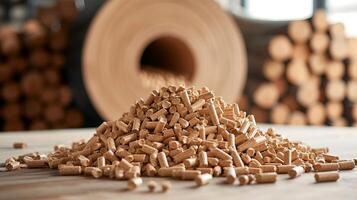 AI generated Stack of biomass wood pellets pile and woodpile on blurred background for text placement photo