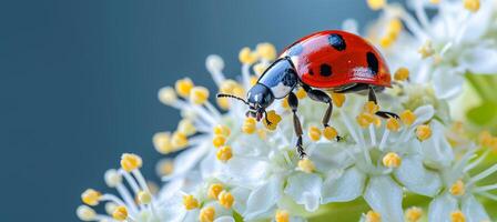 AI generated Vibrant spring background with ladybug on white flower and ample copy space for text placement photo