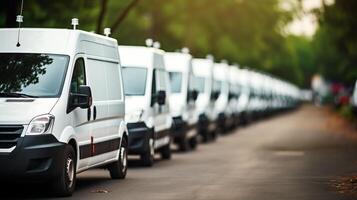 AI generated Row of white commercial delivery vans for transporting service company with copy space photo