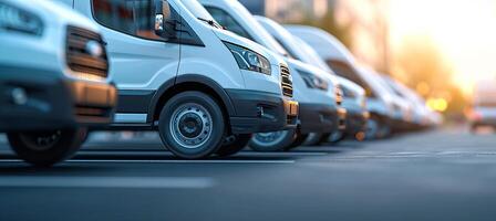 ai generado pulcramente estacionado blanco entrega furgonetas para un transportar Servicio empresa con texto espacio foto