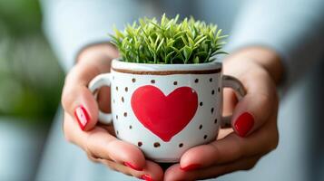 AI generated Happy morning concept with hands holding a steaming coffee cup featuring a heart symbol on the mug photo