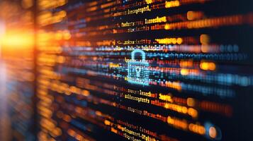 AI generated Secure software development code on computer screen with padlock symbol and blurred background photo