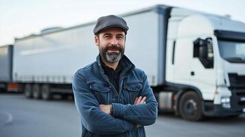 AI generated Bearded trucker with crossed arms standing by his truck, smiling confidently at the camera photo